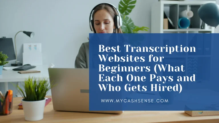 Woman wearing headphones works on a laptop at a desk beside a potted plant, overlaid with text promoting “Best Transcription Websites for Beginners” from My Cash Sense.