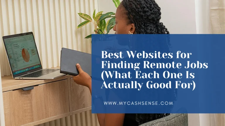 Woman working remotely with a laptop and tablet beside a houseplant, overlaid with text promoting “Best Websites for Finding Remote Jobs” from MyCashSense.com.