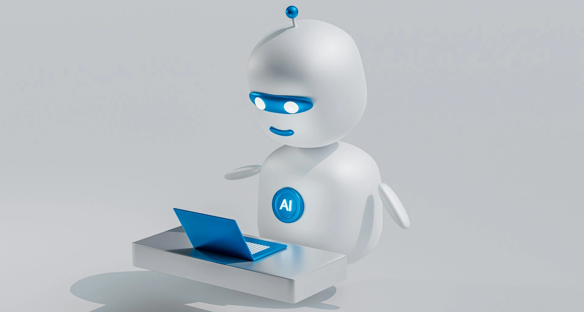 White AI robot with blue accents working on a blue laptop atop a floating gray platform.