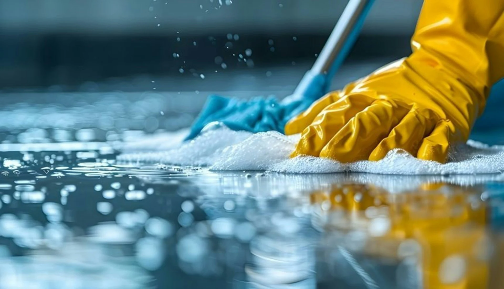 Yellow rubber-gloved hands scrub a wet surface with a blue cleaning brush amid soapy foam and splashing water.