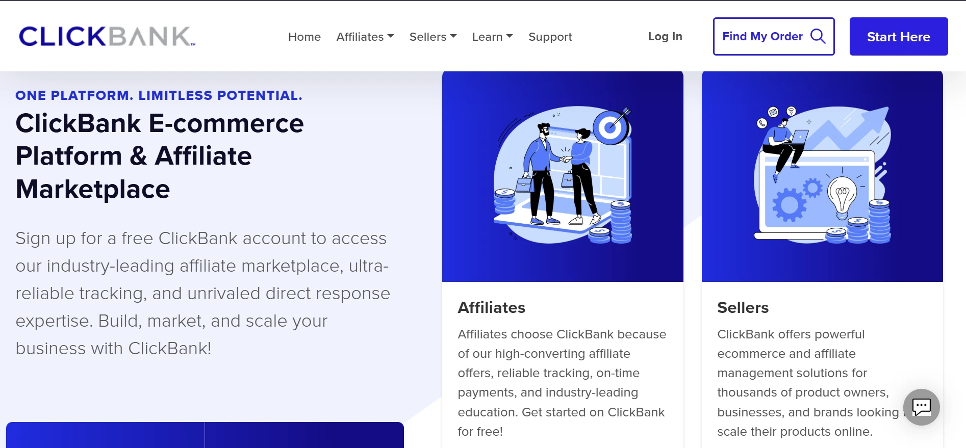 ClickBank webpage showing navigation, e-commerce platform headline, signup text, and illustrated Affiliate and Seller information cards.