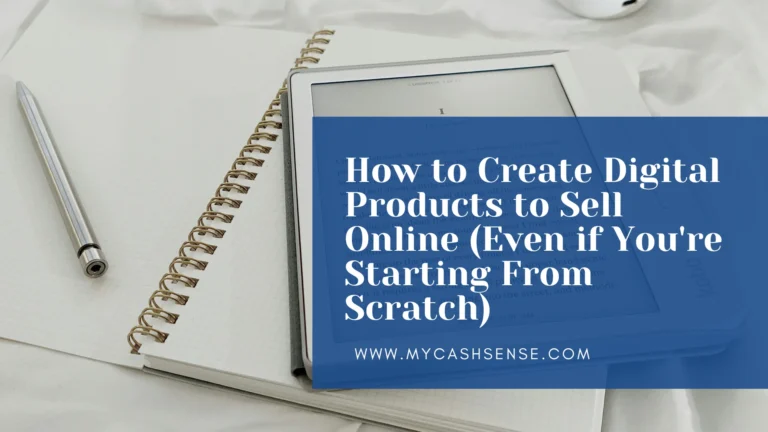 Tablet displaying “How to Create Digital Products to Sell Online (Even if You’re Starting From Scratch)” on a blue banner beside a spiral notebook and pen.