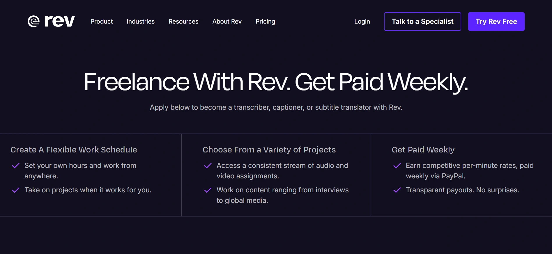 Screenshot showing Rev homepage