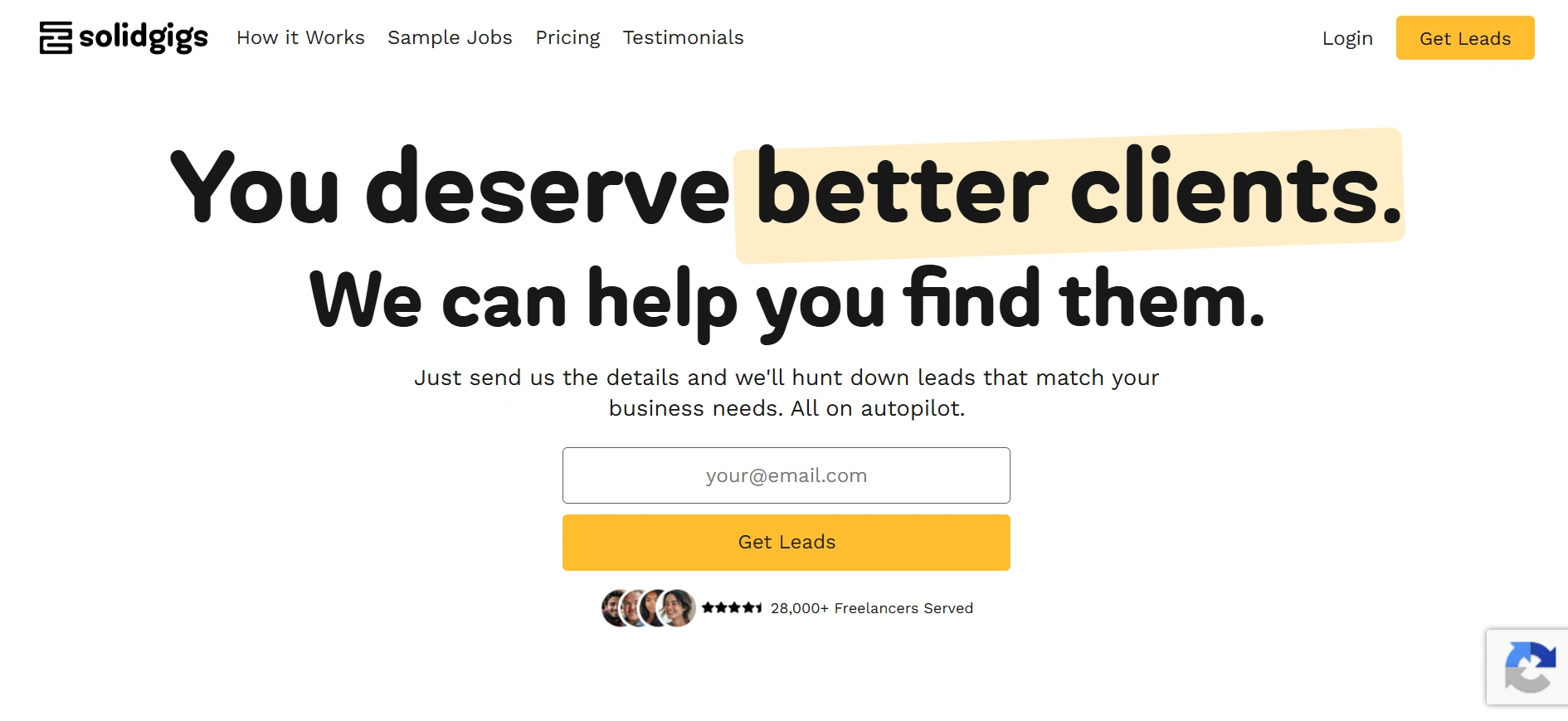 SolidGiggs webpage with the headline “You deserve better clients. We can help you find them,” an email field, and Get Leads button.