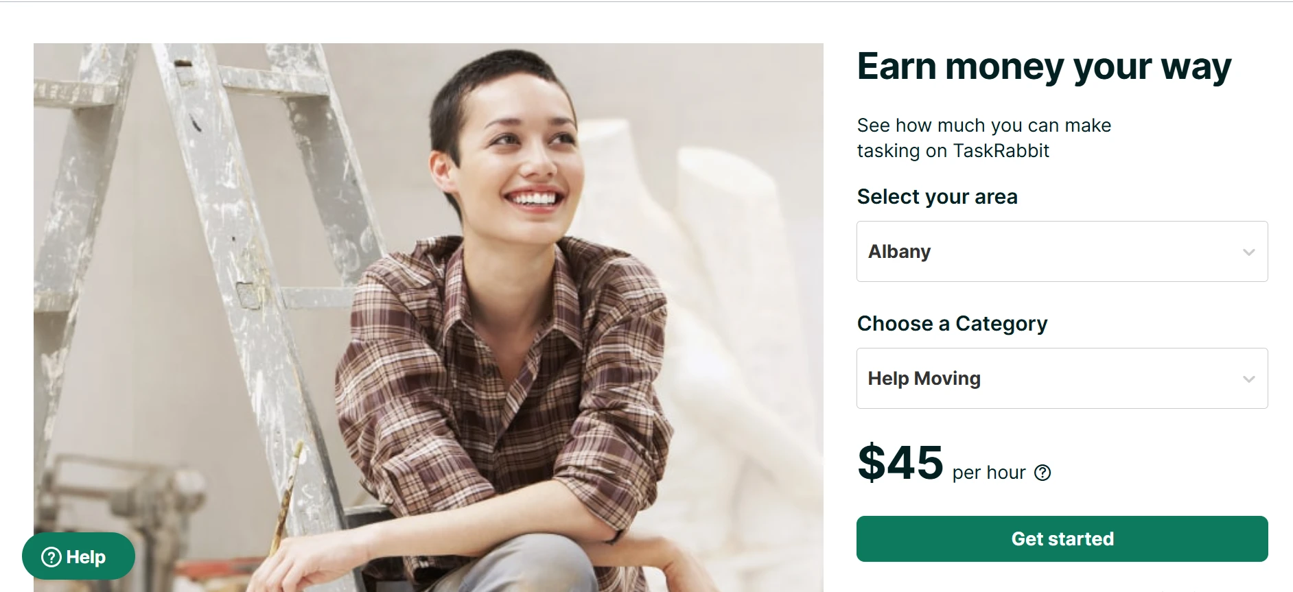 Person in a plaid shirt sits beside a ladder; screen reads “Earn money your way,” Albany, “Help Moving,” and “$45 per hour.”