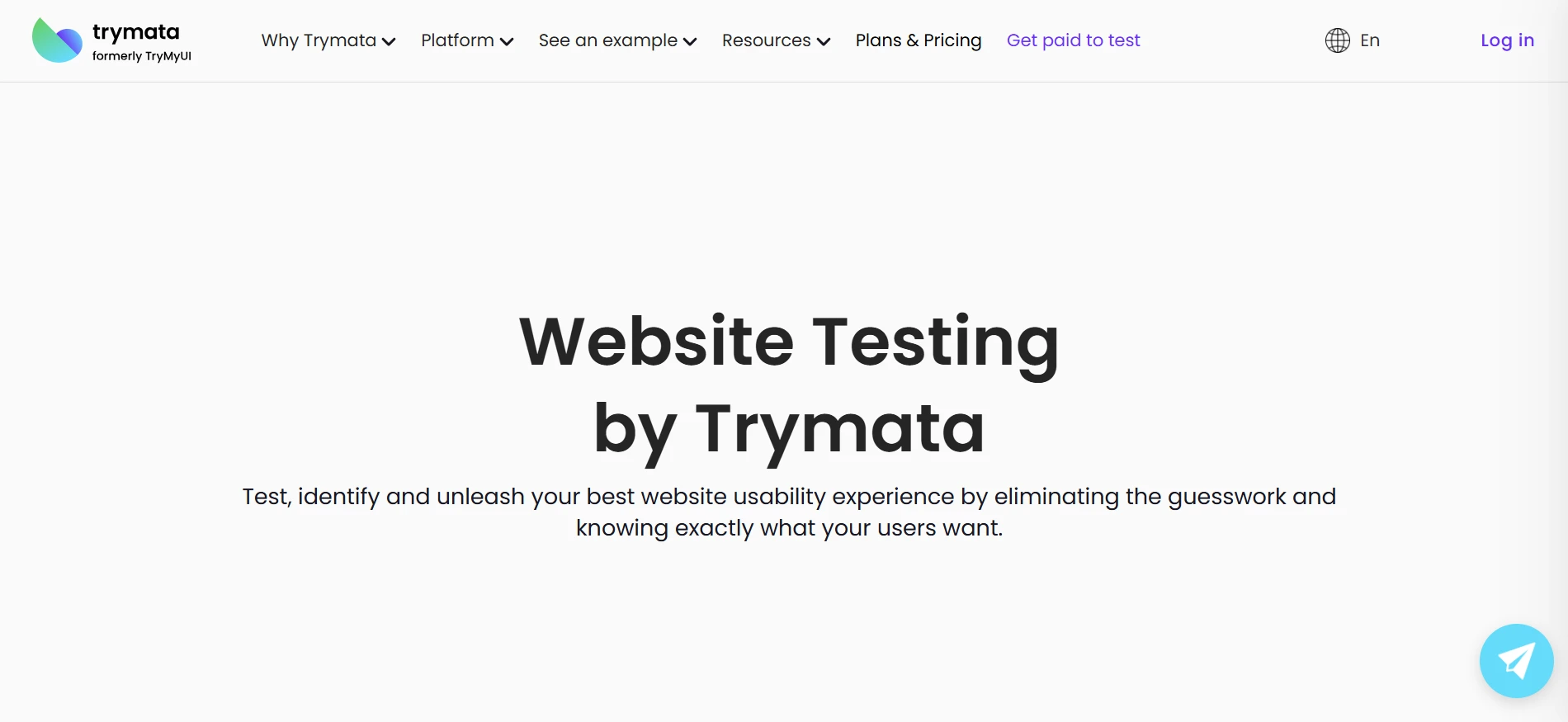 Website page headed “Website Testing by Trymata,” with text about testing and improving website usability, navigation links, and a chat button.