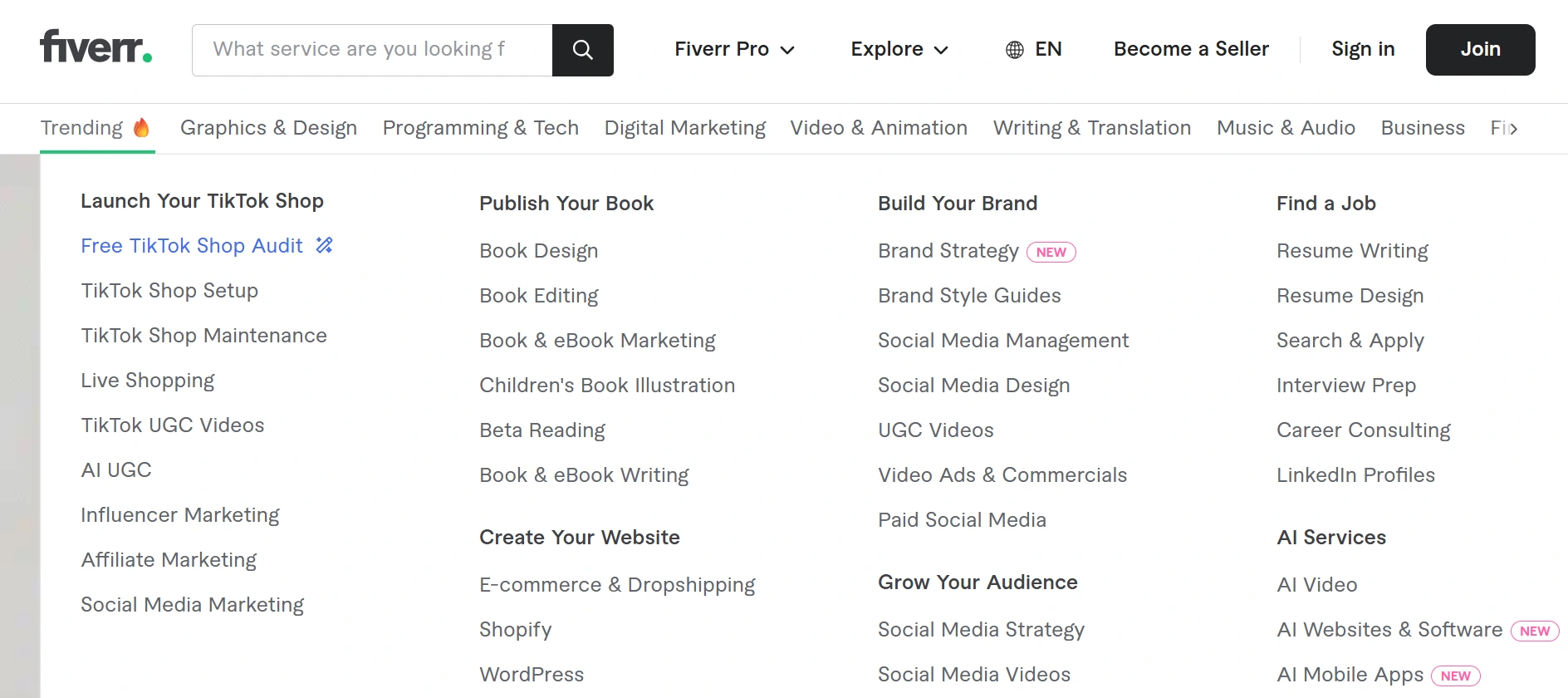 Screenshot showing Fiverr gigs page