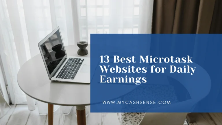 A laptop and small plant sit on a round table beside a blue banner reading “13 Best Microsoft Websites for Daily Earnings” and “WWW.MYCASHSENSE.COM.”
