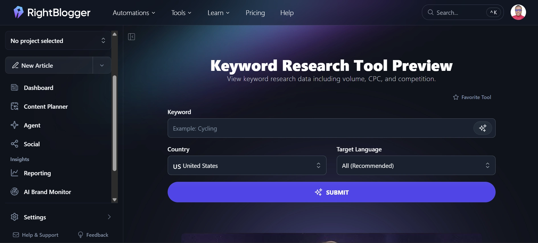 RightBlogger’s “Keyword Research Tool Preview” shows a keyword field, country set to United States, target language set to All (Recommended), and a purple Submit button.