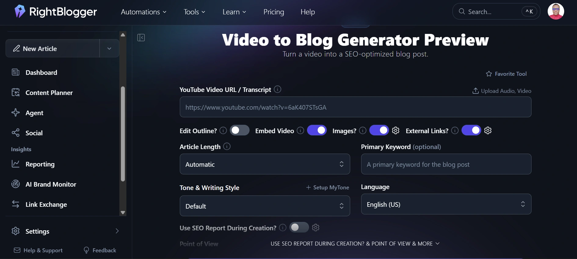 A dark RightBlogger dashboard shows the “Video to Blog Generator Preview” form, with a YouTube URL field and options for outline, video, images, keywords, tone, and language.