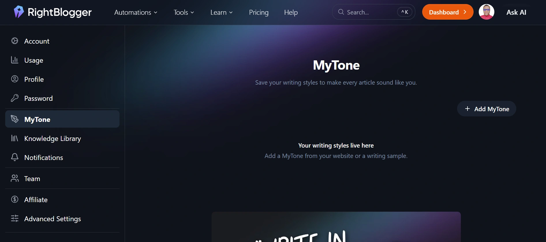 RightBlogger’s dark MyTone settings page shows a left sidebar with MyTone selected, an “Add MyTone” button, and a prompt to add a writing style.