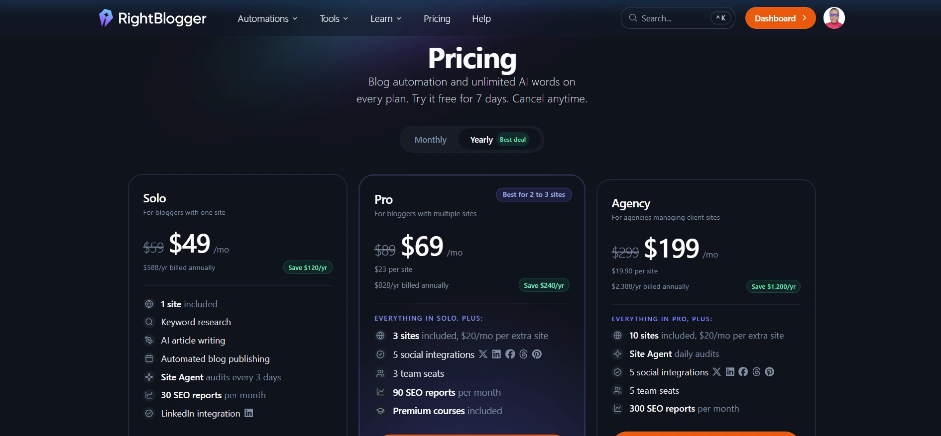 RightBlogger pricing page