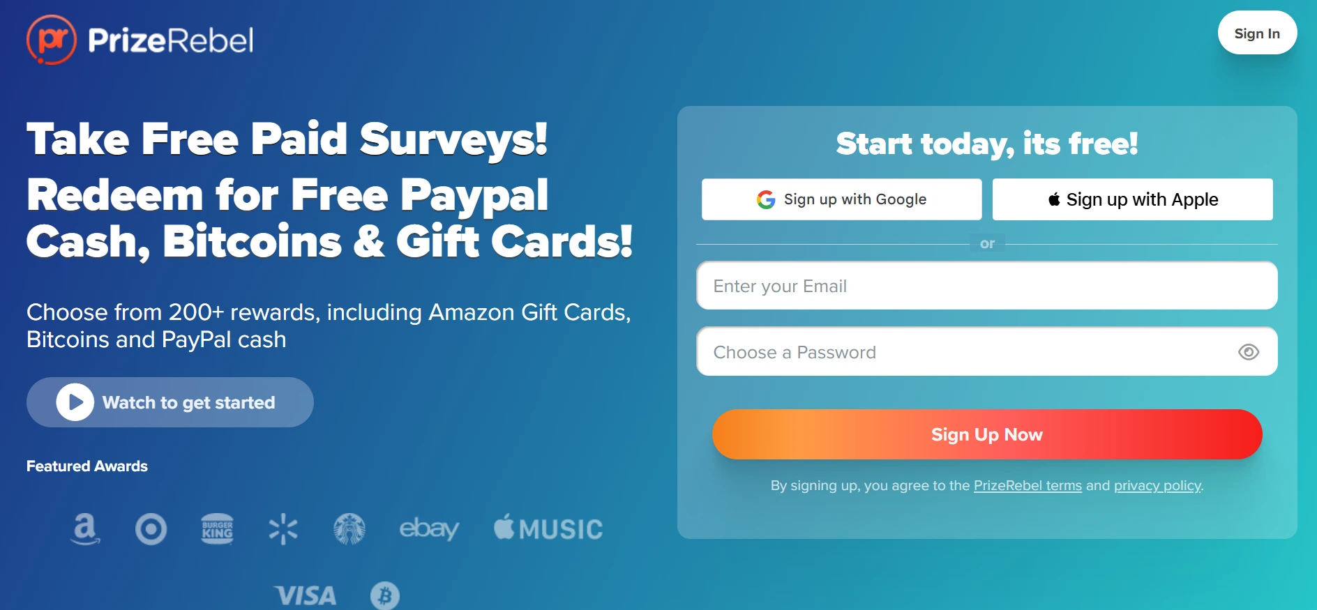 PrizeRebel webpage